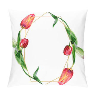 Personality  Amazing Red Tulip Flowers With Green Leaves. Hand Drawn Botanical Flowers. Watercolor Background Illustration. Frame Border Ornament Crystal. Geometric Quartz Polygon Crystal Stone. Pillow Covers