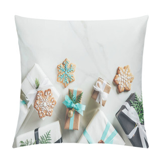 Personality  Flat Lay With Christmas Gift Boxes And Snowflake Cookies On Marble Background With Copy Space Pillow Covers