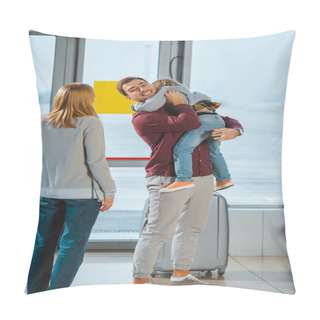 Personality  Happy Father Holding In Arms Daughter Near Wife In Airport  Pillow Covers