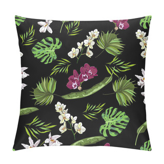 Personality  Seamless Hand Drawn Botanical Exotic Vector Pattern With Green Palm Leaves And Orchids On Black Background. Pillow Covers
