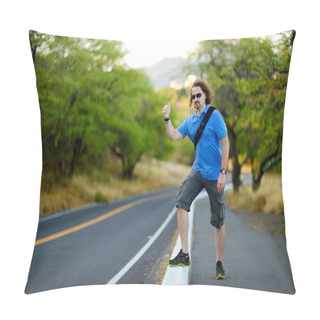 Personality  Tourist With Backpack Hitchhiking On Road Pillow Covers