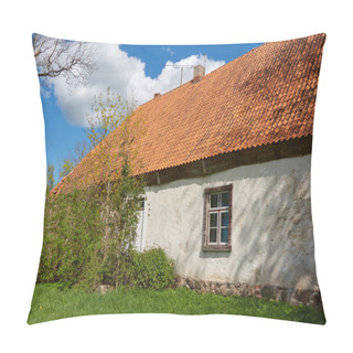 Personality An Old Stone House. Red Tile Roof, Wooden Details. Green Garden. Spring, Early Summer. Idyllic Rural Scene. Architecture, Exterior Design, Building Traditions, Countryside Living, Tourism Themes Pillow Covers