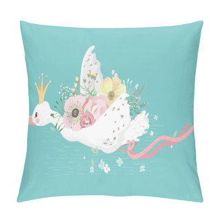 Personality  Beautiful Illustration Of Flying Swan Bird With Flowers On Blue Background Pillow Covers