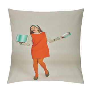 Personality  Full Length Of Woman In Orange Retro Style Dress Holding Gift Box And Looking At Camera On Grey Pillow Covers