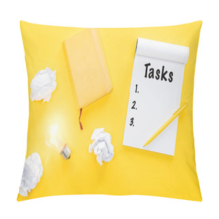 Personality  Notebook With 'tasks' Word, Crumbled Paper Balls And Glowing Light Bulb, Goal Setting Concept Pillow Covers