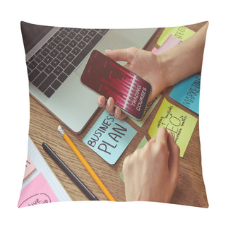 Personality  Cropped Image Of Woman Holding Smartphone With Trading Courses App At Home Pillow Covers