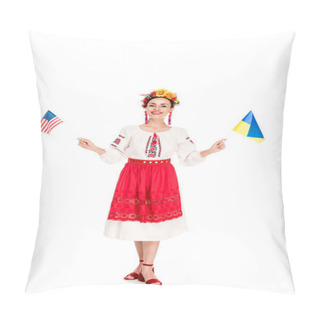Personality  Happy Brunette Young Woman In National Ukrainian Costume Holding American And Ukrainian Flags Isolated On White Pillow Covers