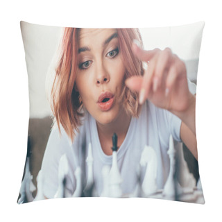 Personality  Beautiful Emotional Girl Playing Chess On Self Isolation, Selective Focus Pillow Covers