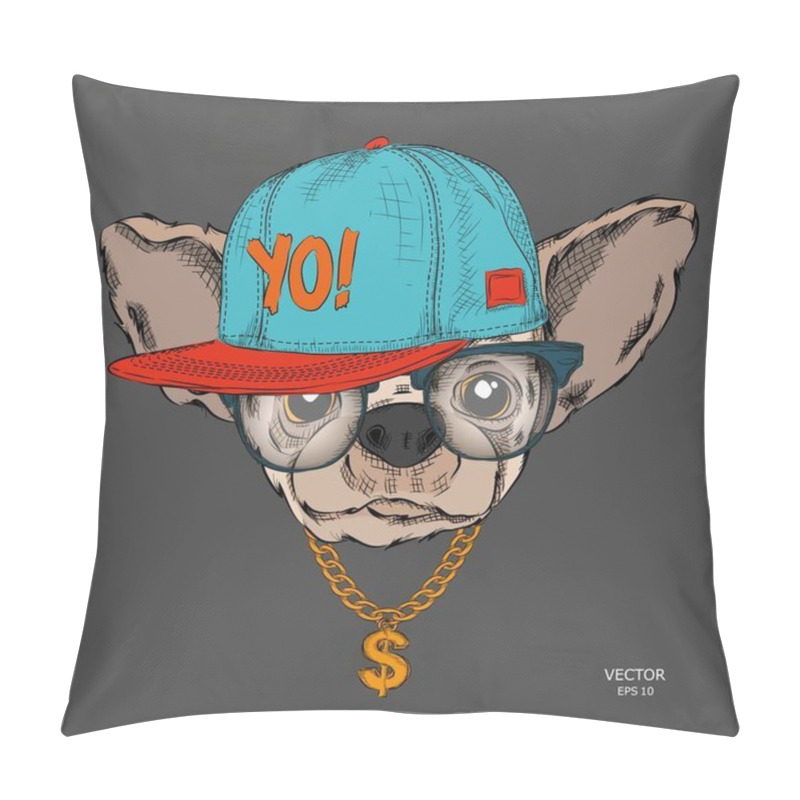 Personality  The poster with the image dog portrait in hip-hop hat. Vector illustration. pillow covers