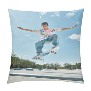 Personality  A Young Man Performs An Impressive Mid-air Trick While Riding A Skateboard In A Sunny Outdoor Skate Park. Pillow Covers