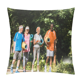 Personality  Positive Retired And Multicultural Pensioners Holding Fitness Mats And Walking In Park  Pillow Covers