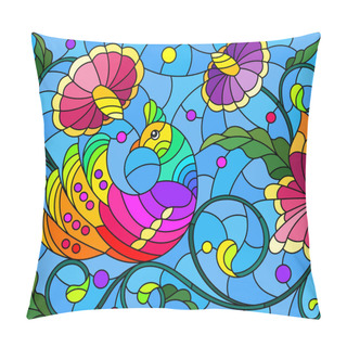 Personality  Stained Glass Illustration With A Bright Abstract Bird On A Background Of Leaves, Flowers And Blue Sky, Rectangular Image Pillow Covers