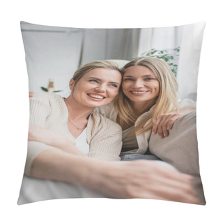 Personality  Close Up Of Attractive Sisters In Casual Clothing Smiling And Hugging Warmly, Family Bonding Pillow Covers