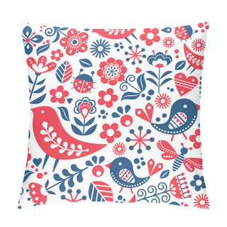 Personality  Scandinavian Folk Art Vector Seamless Pattern With Birds, Flowers, Spirng Happy Textile Design Inspired By Traditional Embroidery From Sweden, Norway And Denmark Pillow Covers