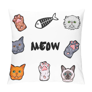 Personality  Cats Design Elements Set. Kitty Face, Paws. Fish Skeleton Vector Illustration Isolated On White Background Pillow Covers