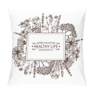 Personality  Vintage Frame With Herbal Flowers Illustration Pillow Covers