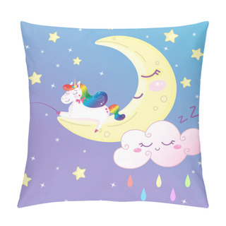 Personality  Cute Magical Rainbow Unicorn On The Moon Catching Stars. Cartoon Vector Print Decoration For Kids Pillow Covers