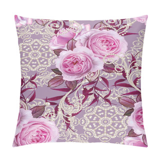 Personality  Seamless Floral Pattern. A Bouquet Of Delicate Pink Roses, Bright Red Leaves. Curls Of White Pearls Pillow Covers