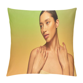 Personality  Beauty And Skin Care, Pretty Asian Woman With Brunette Hair And Bare Shoulders Posing On Gradient Background, Green And Orange, Skin Care, Glowing Skin, Natural Beauty, Young Model  Pillow Covers