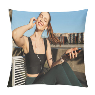 Personality  Image Of Adorable Sporty Woman Holding Smartphone And Listening  Pillow Covers