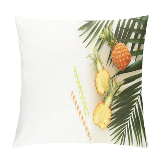 Personality  Tropical Green Palm Leaves Branches And Fruits Pineapples Top View On A White Background. Food Concept.copy Space Pillow Covers