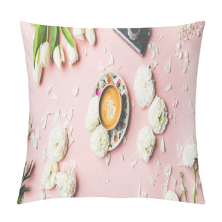 Personality  Flat-lay Of Cup Of Coffee, Film Camera, Fresh White Tulips And Buttercup Flowers Over Pink Background, Top View, Wide Composition. Spring Vibes Or Women's Day Holiday Concept Pillow Covers