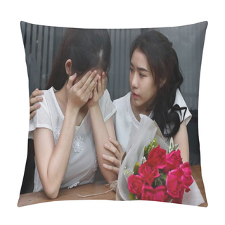 Personality  Stressed Young Asian Woman Supporting Depressed Crying Female Friend In Living Room. Break Up Or Best Relationship Concept. Pillow Covers