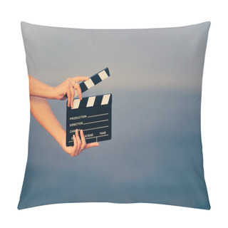 Personality  Hand Holding A Cinema Film Slate At The Seaside Beach Pillow Covers