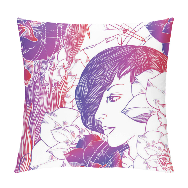 Personality  Girl, flowers, waves and hand with pencil pillow covers