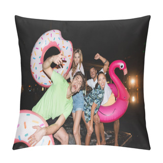 Personality  Selective Focus Of Excited Young Friends With Swim Rings Standing Near Pool At Night  Pillow Covers