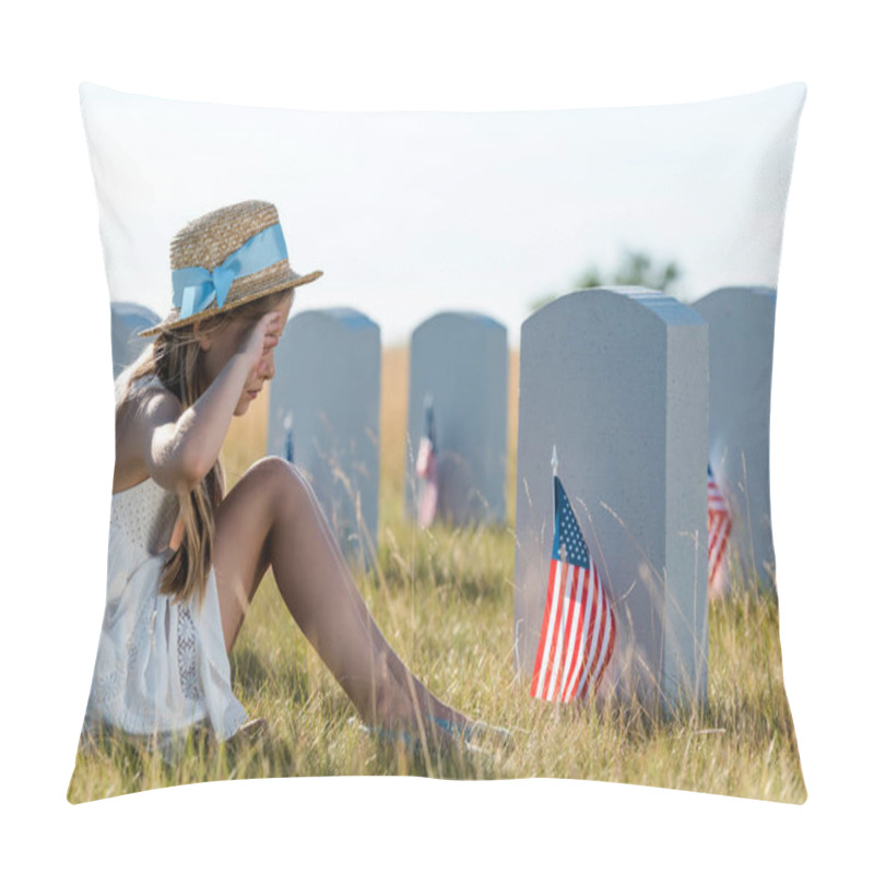 Personality  Kid In Straw Hat Touching Face While Sitting Near Headstones With American Flags  Pillow Covers