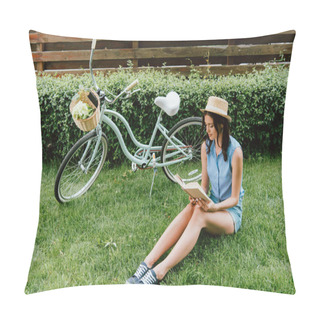 Personality  Trendy Girl In Straw Hat Reading Book And Sitting On Grass Near Bicycle With Wicker Basket  Pillow Covers