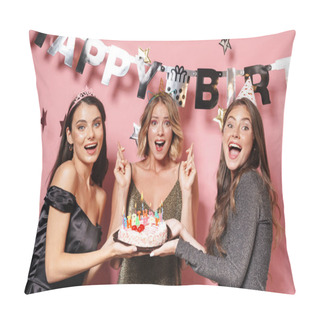 Personality  Image Of Ecstatic Party Girls In Fancy Dresses Holding Birthday  Pillow Covers