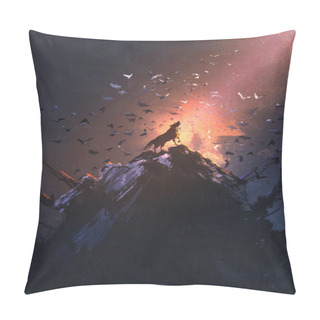 Personality  Howling Wolf On Rock With Bird Flying Around Pillow Covers