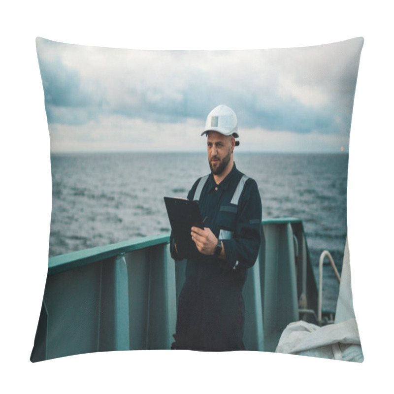 Personality  Deck Officer On Deck Of Offshore Vessel Or Ship , Wearing PPE Personal Protective Equipment Pillow Covers