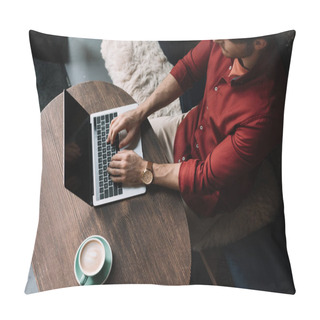 Personality  Overhead View Of Young Freelancer Working On Laptop In Coffee Shop Pillow Covers