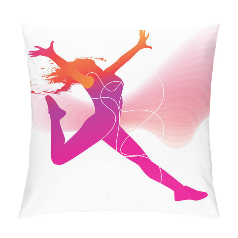 Personality  The dancer. Colorful silhouette with lines and sprays on abstrac pillow covers