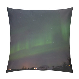 Personality  Beautiful Night View Of Houses Under Sky With Majestic Northern Lights In Iceland   Pillow Covers