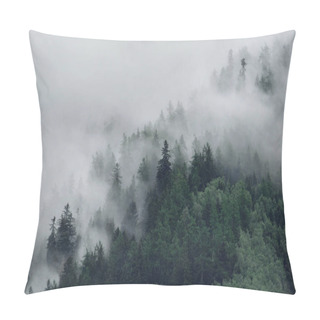 Personality  View Of Foggy Mountains. Trees In Morning Fog Pillow Covers
