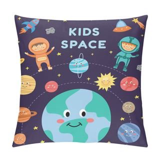 Personality  Kids In Space - Cute Cartoon Astronaut Children In Suits Fluing Among Smiling Planets And Rocket Pillow Covers