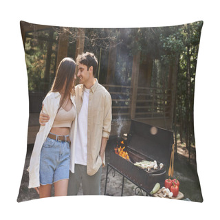 Personality  Happy Man Hugging  Girlfriend Near Barbecue Grill, Summer Romance, Couple, Vacation House Pillow Covers