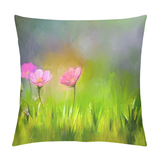 Personality  Oil Painting Nature Grass Flowers. Hand Paint Close Up Pink Cosmos Flower, Pastel Floral And Shallow Depth Of Field. Pillow Covers
