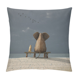 Personality  Elephant And Dog Sit On A Deserted Beach Pillow Covers