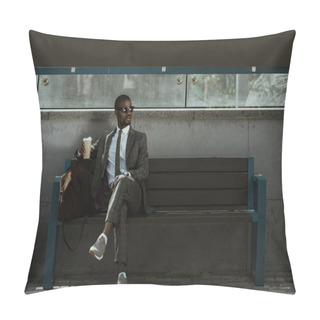 Personality  Stylish Confident Businessman With Coffee Cup Sitting On Train Station Bench Pillow Covers