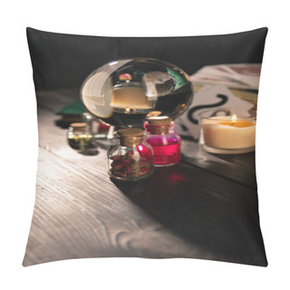 Personality  Selective Focus Of Crystal Ball, Candle And Jars Of Dried Herbs And Tincture Isolated On Black  Pillow Covers