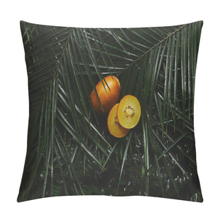 Personality  Close-up View Of Whole And Sliced Yellow Kiwi And Beautiful Green Wet Tropical Leaves  Pillow Covers
