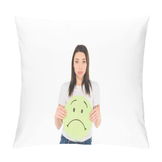 Personality  Attractive Girl Holding Sign With Unhappy Face Expression Isolated On White Pillow Covers