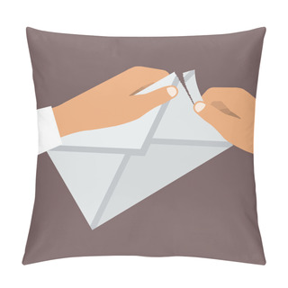 Personality  Human Hands Opens Envelope. Flat Style. Vector Illustration Pillow Covers