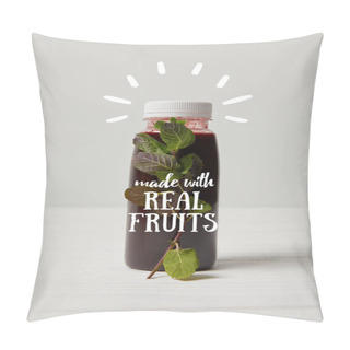 Personality  Bottle Of Detox Smoothie With Mint On White Wooden Surface, Made With Real Fruits Inscription Pillow Covers