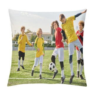 Personality  A Group Of Young Boys Joyfully Kicking Around A Soccer Ball, Showing Off Their Skills And Building Camaraderie As They Play Together In A Friendly Match. Pillow Covers